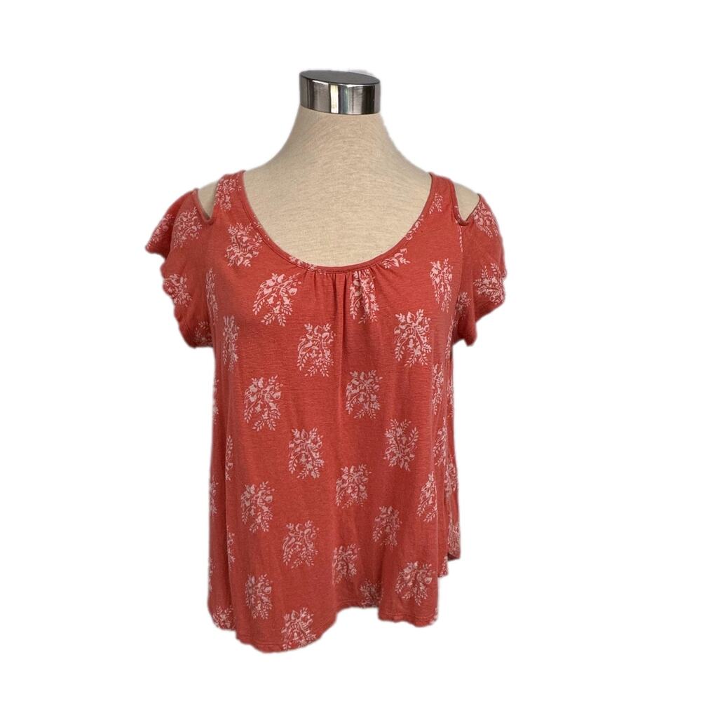 Lucky Brand Medium Coral Cold Shoulder Printed Top
